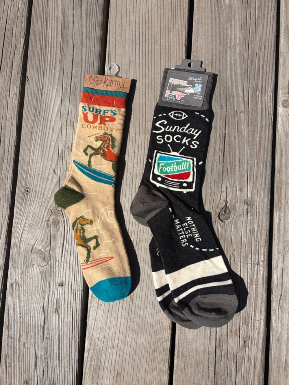 Amazon Beige Surf’s Up Cowboy & Black Sunday Football Crew Socks